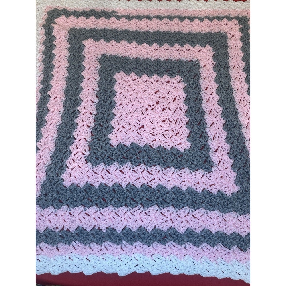 Crocheted Lap Blanket White Pink Gray